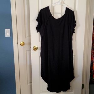 Cute a line midi dress.  Cool details like frayed short sleeves and at hem.